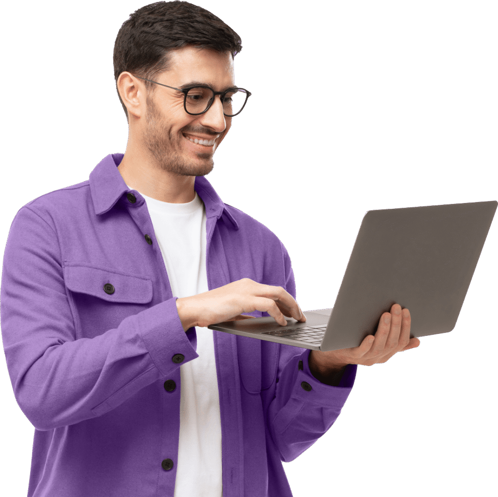 Man Wearing Casual Shirt Standing With Opened Laptop.