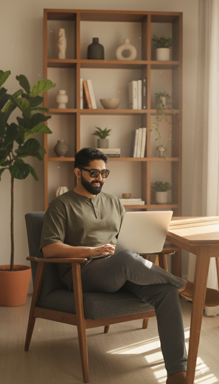 A bearded Abhay Singh wearing sunglasses sits comfortably in a modern home office, working on his laptop beside a wooden table and bookshelf with plants.