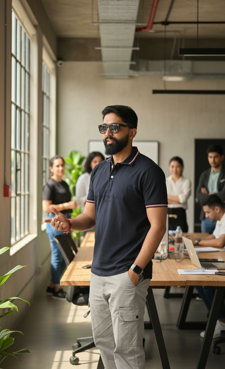 Abhay Singh presenting digital marketing and web development strategy to team in modern office environment